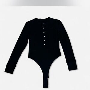 Black Long Sleeve Thong Bodysuit with Button Up Detail [Large]